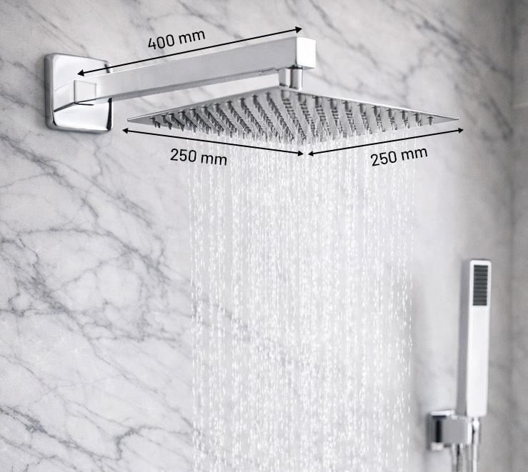 Ankastre Duş Seti 3 Yönlü Kare 250x250 mm – Paslanmaz Pirinç Krom Kaplama