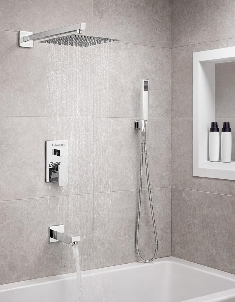 Ankastre Duş Seti 3 Yönlü Kare 250x250 mm – Paslanmaz Pirinç Krom Kaplama