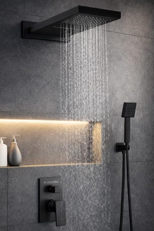 Ankastre Duş Seti 3 Yönlü Yağmur Panel&Şelale 550x220 mm SUS 304 – Paslanmaz Pirinç Siyah