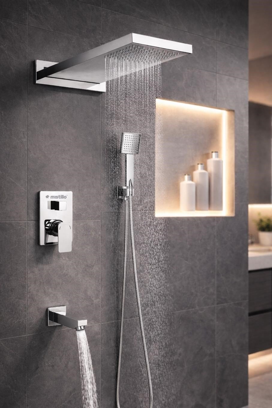 Ankastre Duş Seti 3 Yönlü Yağmur Panel 550x220 mm SUS 304 – Paslanmaz Pirinç Krom Kaplama