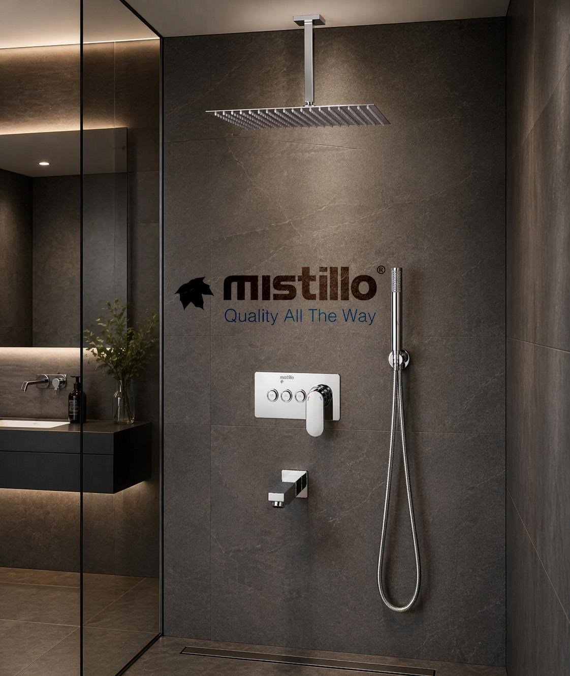 Ankastre Duş Seti 300x300 mm Kare 3 Yönlü Butonlu SUS 304 Paslanmaz Pirinç Krom Kap