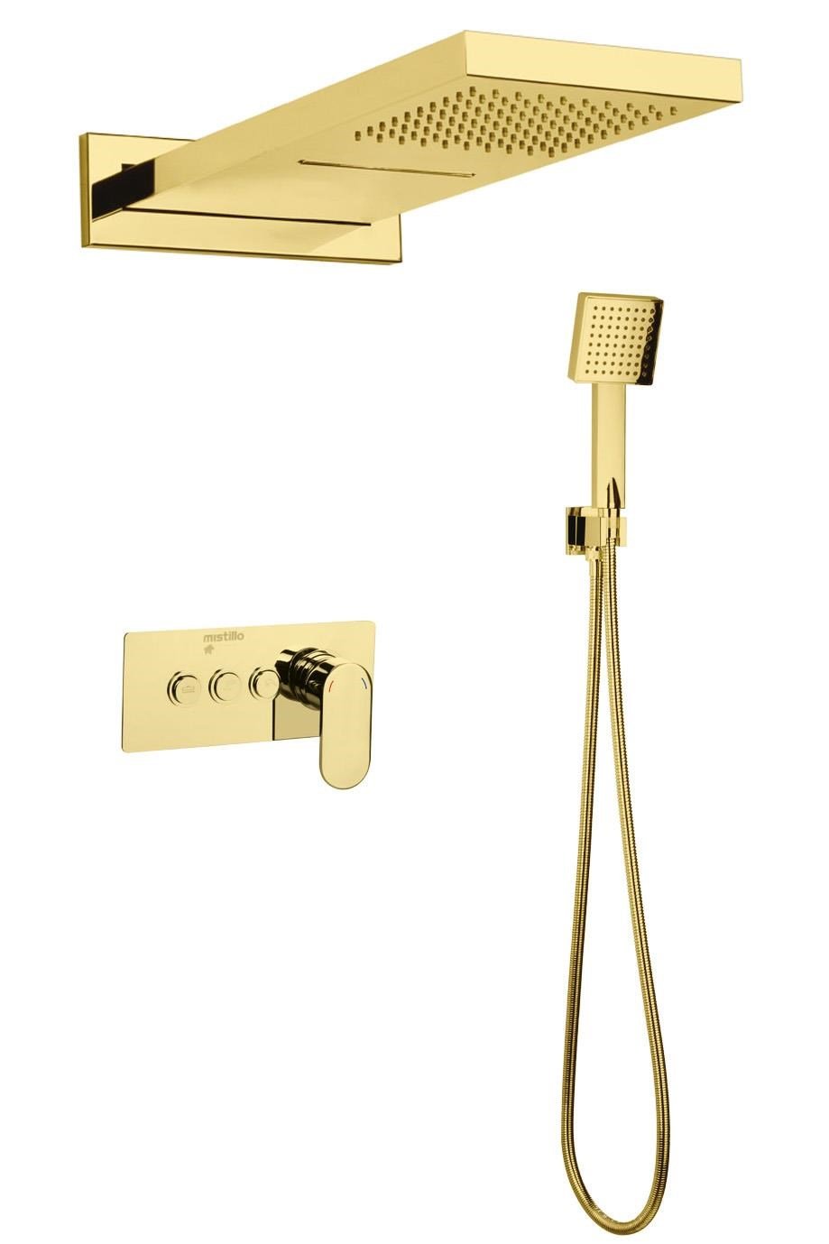 Ankastre Duş Seti 550x220 mm Şelale&Yağmur Panel 3 Yönlü Butonlu SUS 304 Paslanmaz Pirinç Gold