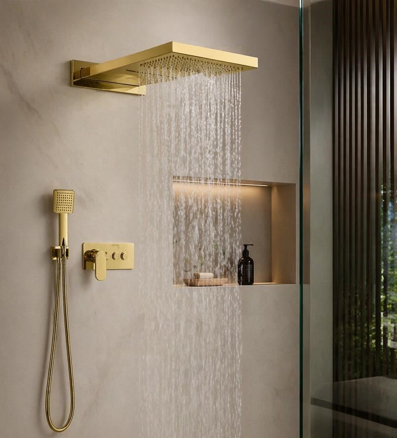 Ankastre Duş Seti 550x220 mm Şelale&Yağmur Panel 3 Yönlü Butonlu SUS 304 Paslanmaz Pirinç Gold