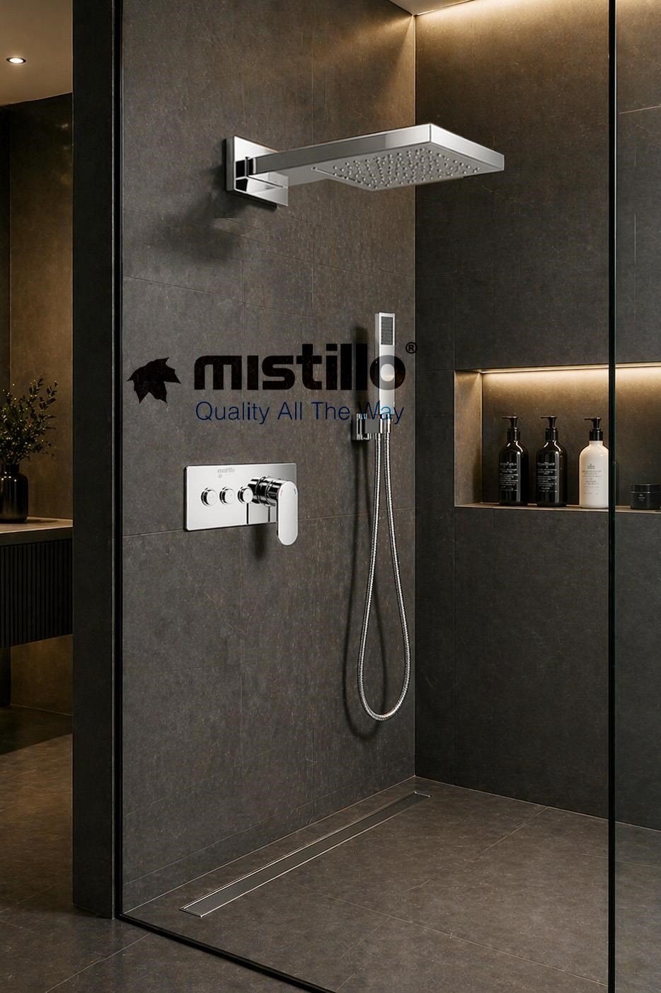 Ankastre Duş Seti 550x220 mm Şelale&Yağmur Panel 3 Yönlü Butonlu SUS 304 Paslanmaz Pirinç Krom Kap