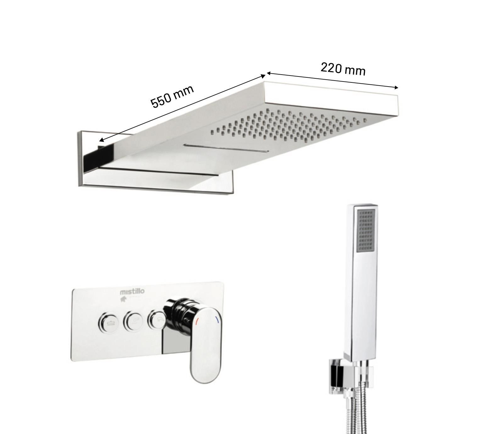 Ankastre Duş Seti 550x220 mm Şelale&Yağmur Panel 3 Yönlü Butonlu SUS 304 Paslanmaz Pirinç Krom Kap