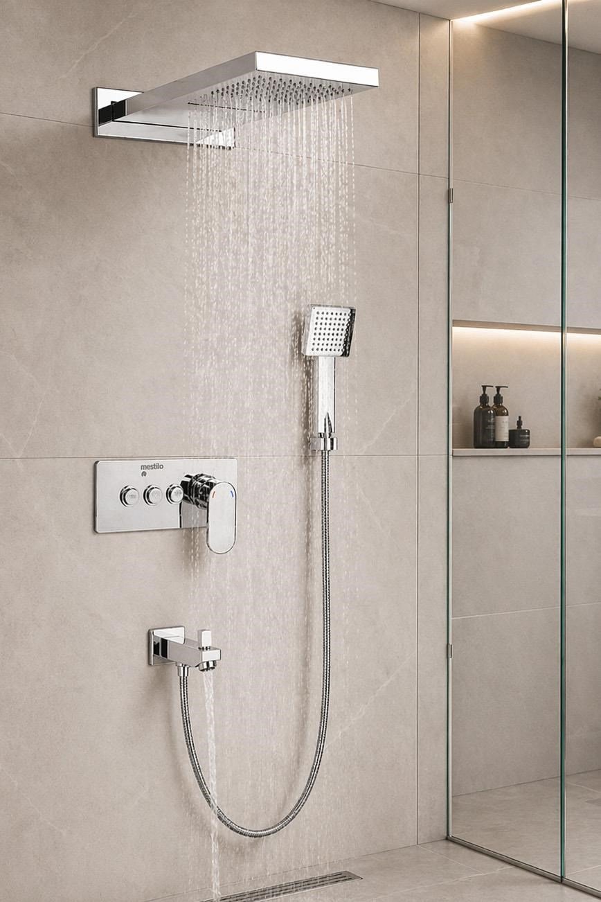 Ankastre Duş Seti 550x220 mm Şelale&Yağmur Panel 3 Yönlü Butonlu SUS 304 Paslanmaz Pirinç Krom Kap