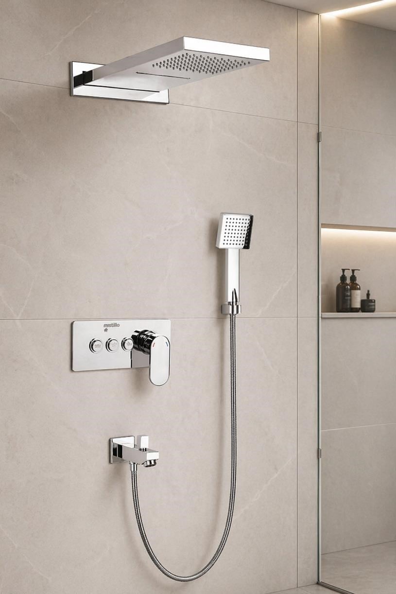 Ankastre Duş Seti 550x220 mm Şelale&Yağmur Panel 3 Yönlü Butonlu SUS 304 Paslanmaz Pirinç Krom Kap