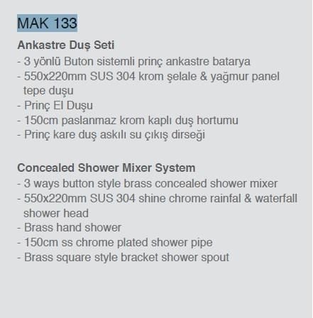 Ankastre Duş Seti 550x220 mm Şelale&Yağmur Panel 3 Yönlü Butonlu SUS 304 Paslanmaz Pirinç Krom Kap