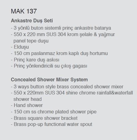 Ankastre Duş Seti 550x220 mm Şelale&Yağmur Panel 3 Yönlü Butonlu SUS 304 Paslanmaz Pirinç Krom Kap