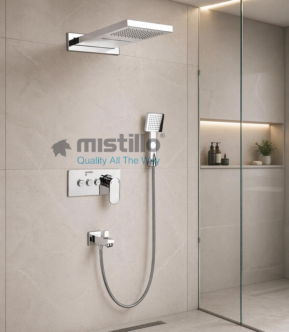 Ankastre Duş Seti 550x220 mm Şelale&Yağmur Panel 3 Yönlü Butonlu SUS 304 Paslanmaz Pirinç Krom Kap