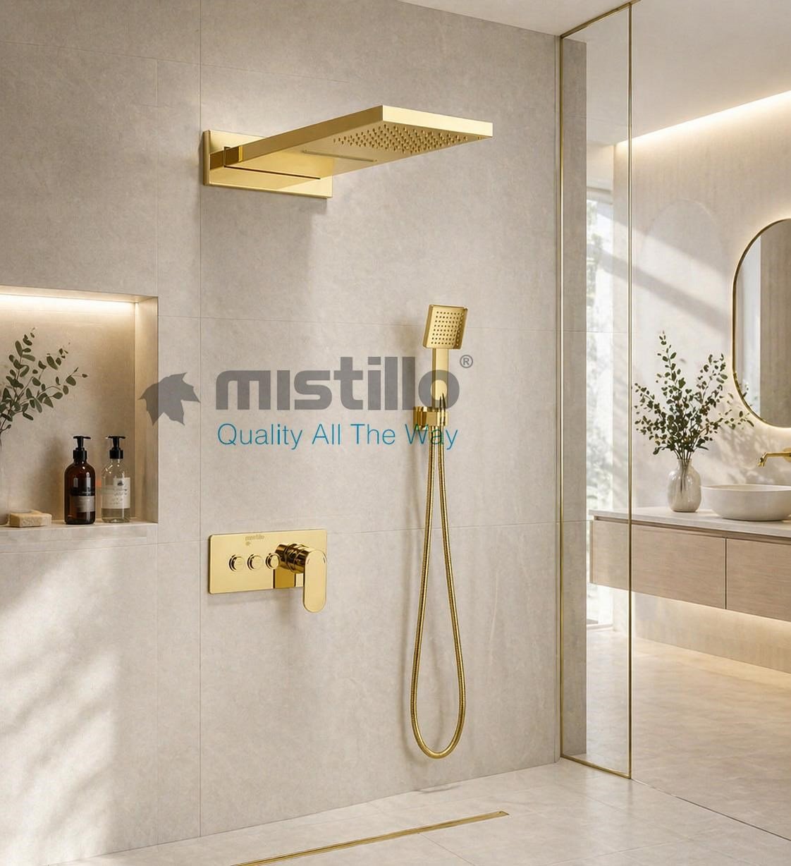 Ankastre Duş Seti 550x220 mm Şelale&Yağmur Panel 3 Yönlü Butonlu SUS 304 Paslanmaz Pirinç Gold