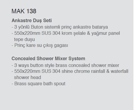 Ankastre Duş Seti 550x220 mm Şelale&Yağmur Panel 3 Yönlü Butonlu SUS 304 Paslanmaz Pirinç Krom Kap