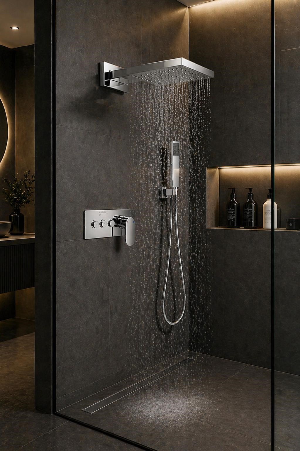 Ankastre Duş Seti 550x220 mm Şelale&Yağmur Panel 3 Yönlü Butonlu SUS 304 Paslanmaz Pirinç Krom Kap