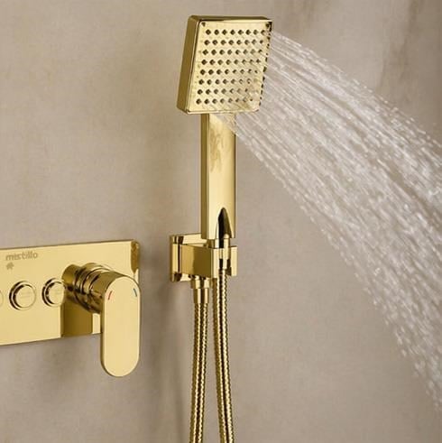 Ankastre Duş Seti 550x220 mm Şelale&Yağmur Panel 3 Yönlü Butonlu SUS 304 Paslanmaz Pirinç Gold