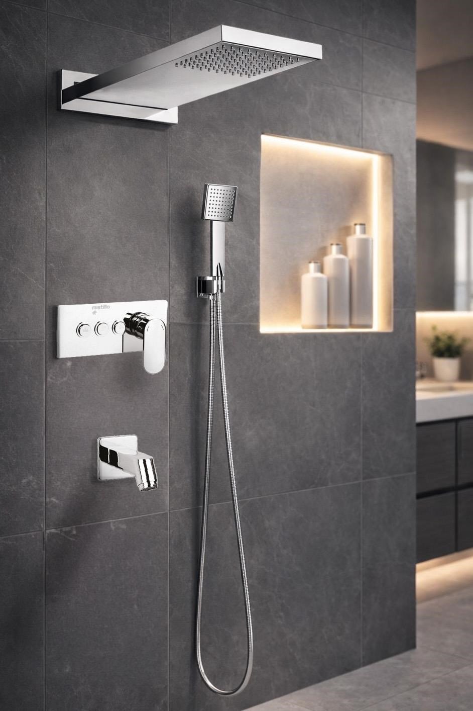 Ankastre Duş Seti 550x220 mm Yağmur Panel 3 Yönlü Butonlu SUS 304 Paslanmaz Pirinç Krom Kap