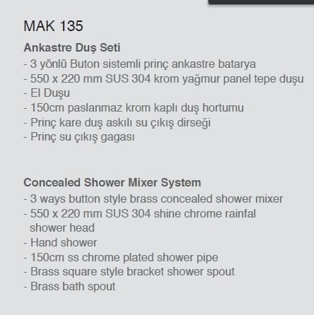 Ankastre Duş Seti 550x220 mm Yağmur Panel 3 Yönlü Butonlu SUS 304 Paslanmaz Pirinç Krom Kap