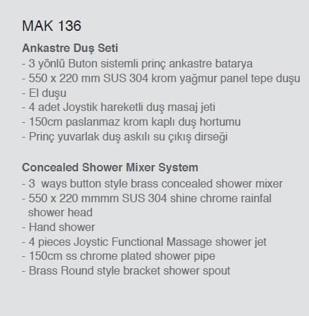 Ankastre Duş Seti 550x220 mm Yağmur Panel&Masal Jeti 3 Yönlü Butonlu SUS 304 Paslanmaz Pirinç Krom Kap