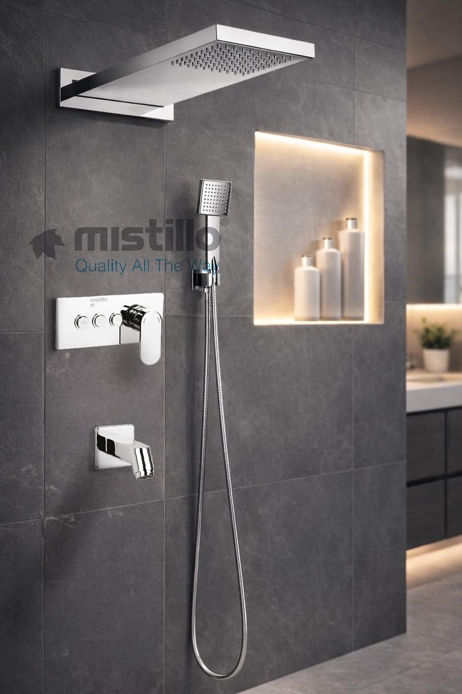 Ankastre Duş Seti 550x220 mm Yağmur Panel 3 Yönlü Butonlu SUS 304 Paslanmaz Pirinç Krom Kap
