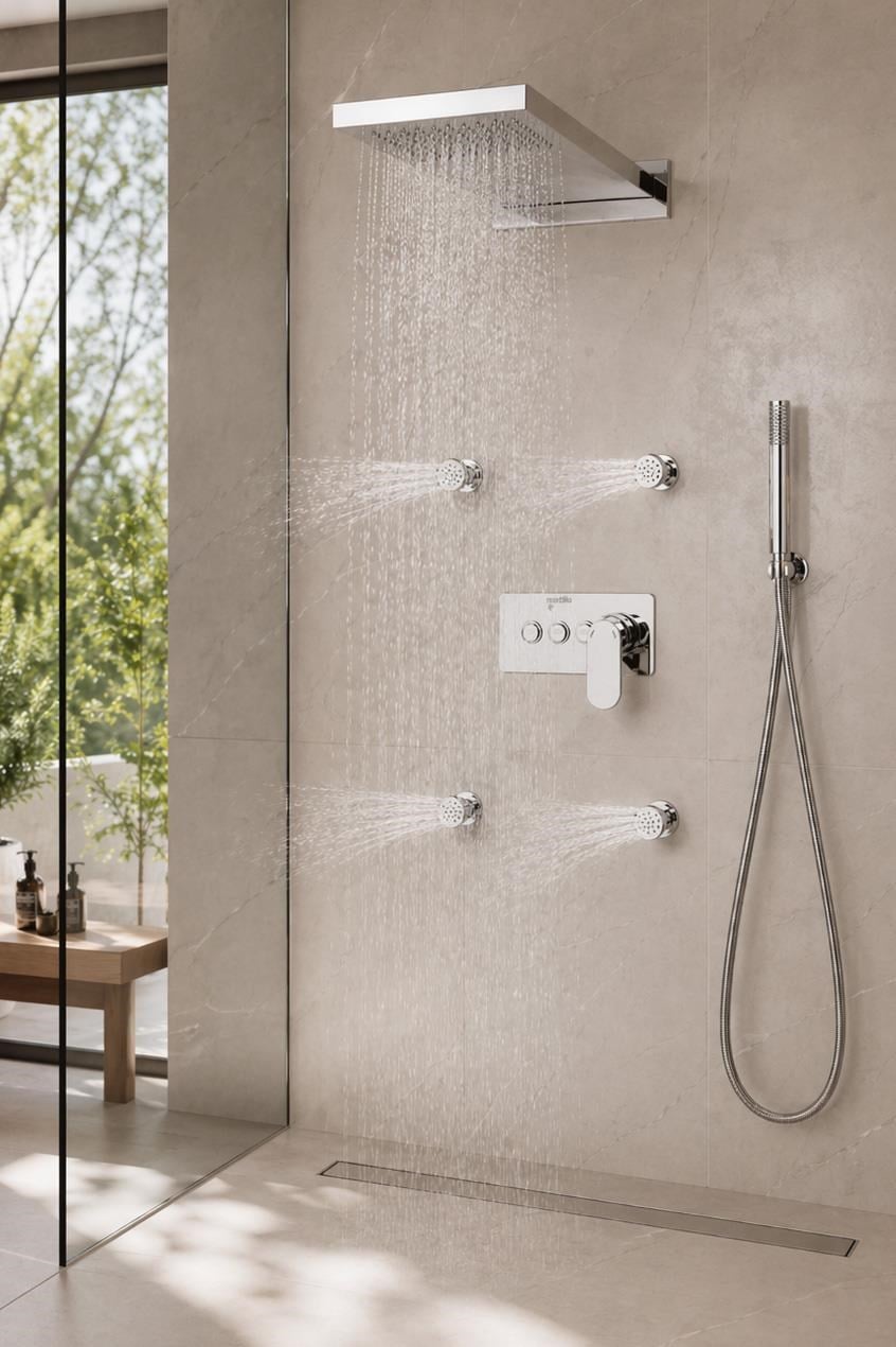 Ankastre Duş Seti 550x220 mm Yağmur Panel&Masal Jeti 3 Yönlü Butonlu SUS 304 Paslanmaz Pirinç Krom Kap