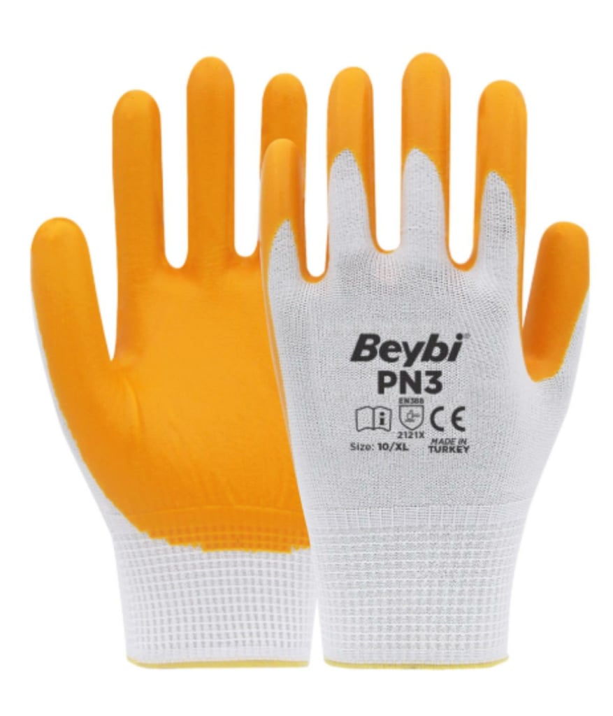 Beybi PN3 Polyester Örme Sarı Nitril Eldiven No:10 - 288 Çift