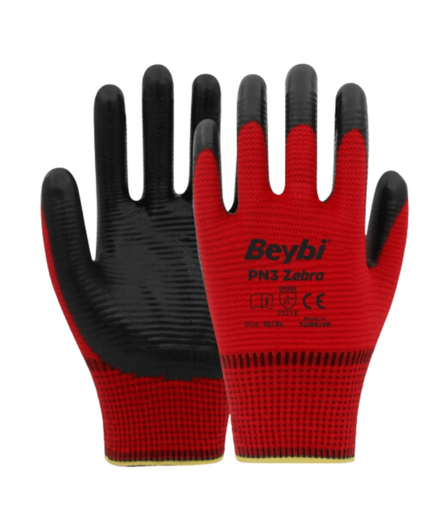 Beybi PN3 Zebra Polyester Kırmızı Örme Nitril Eldiven No:9 -288 Çift