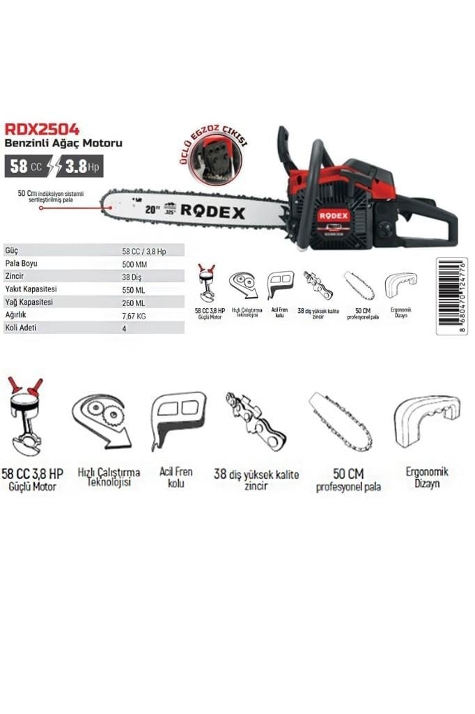 Rodex Rdx2504 Benzinli Hızar Ağaç Kesme Motoru 50 cm 38 Diş