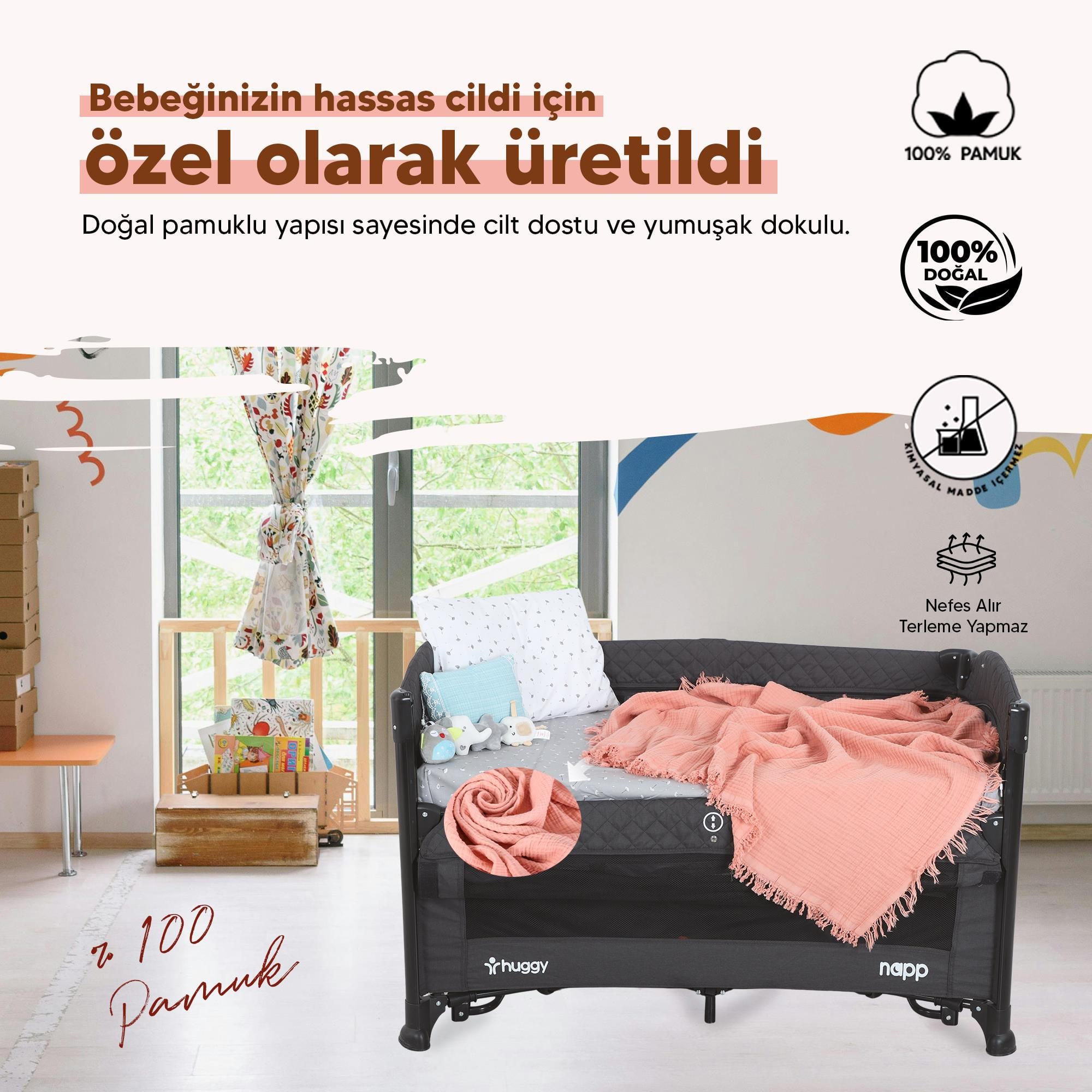 Huggy 4 Katlı %100 Pamuk 100x130 Müslin Bez, Müslin Örtü, Müslin Yenidoğan Bebek Battaniyesi