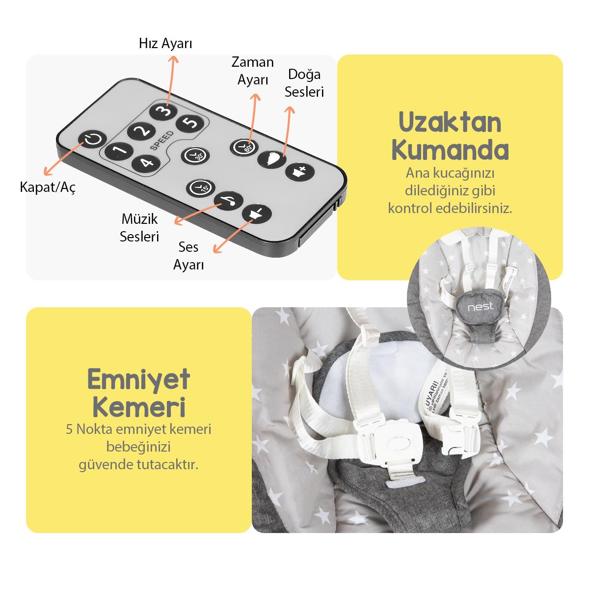 Huggy Nest Otomatik Sallanabilir Kumandalı Müzikli Elektrikli Anakucağı