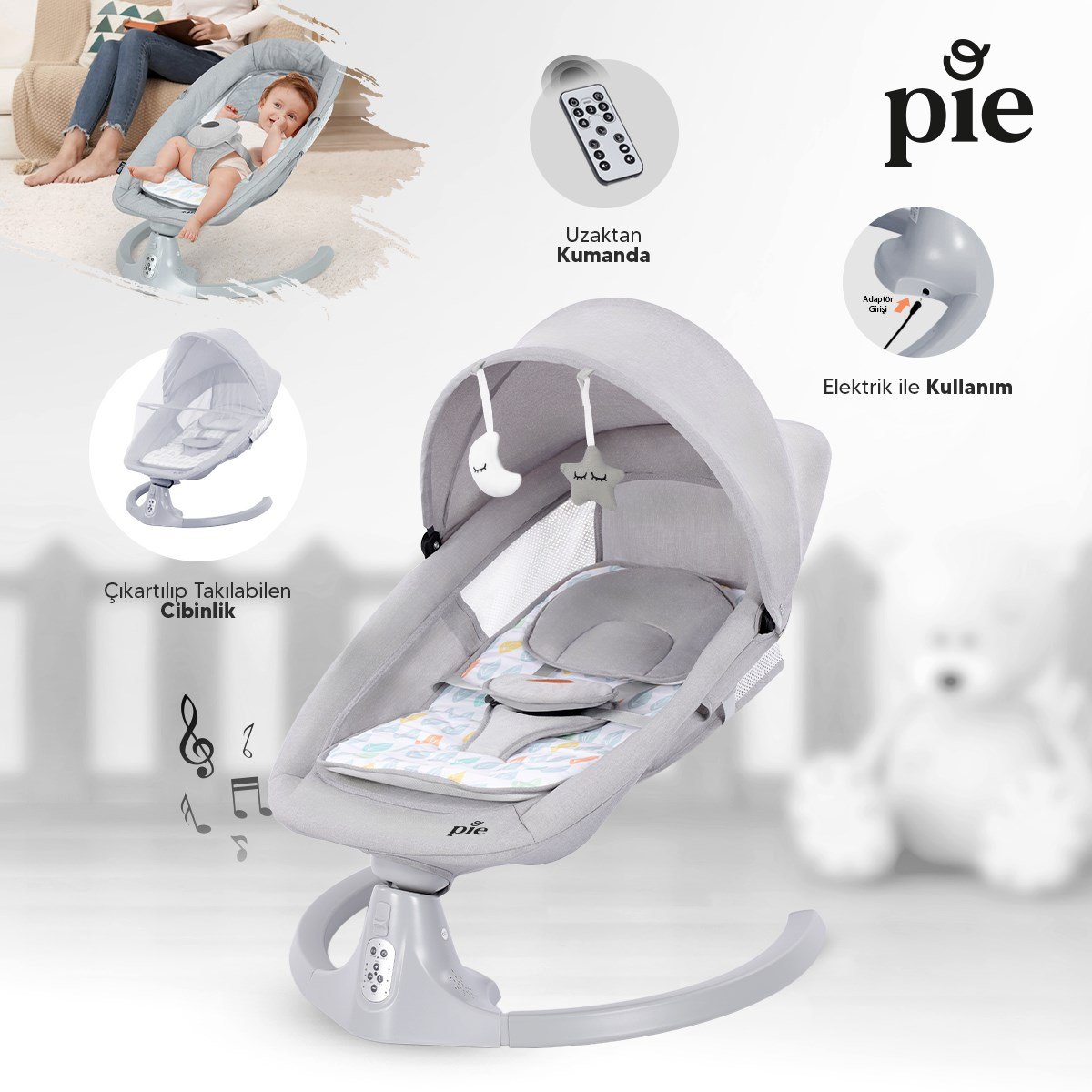 Huggy Pie Yenidoğandana Uygun Otomatik Sallanabilir Kumandalı Bluetooth Müzikli Ana Kucağı
