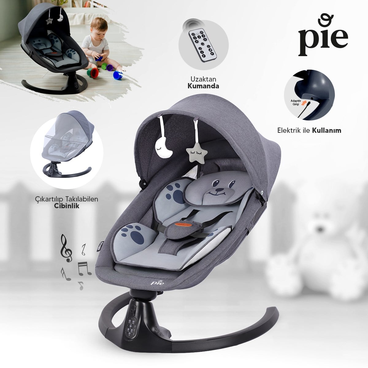 Huggy Pie Yenidoğandana Uygun Otomatik Sallanabilir Kumandalı Bluetooth Müzikli Ana Kucağı