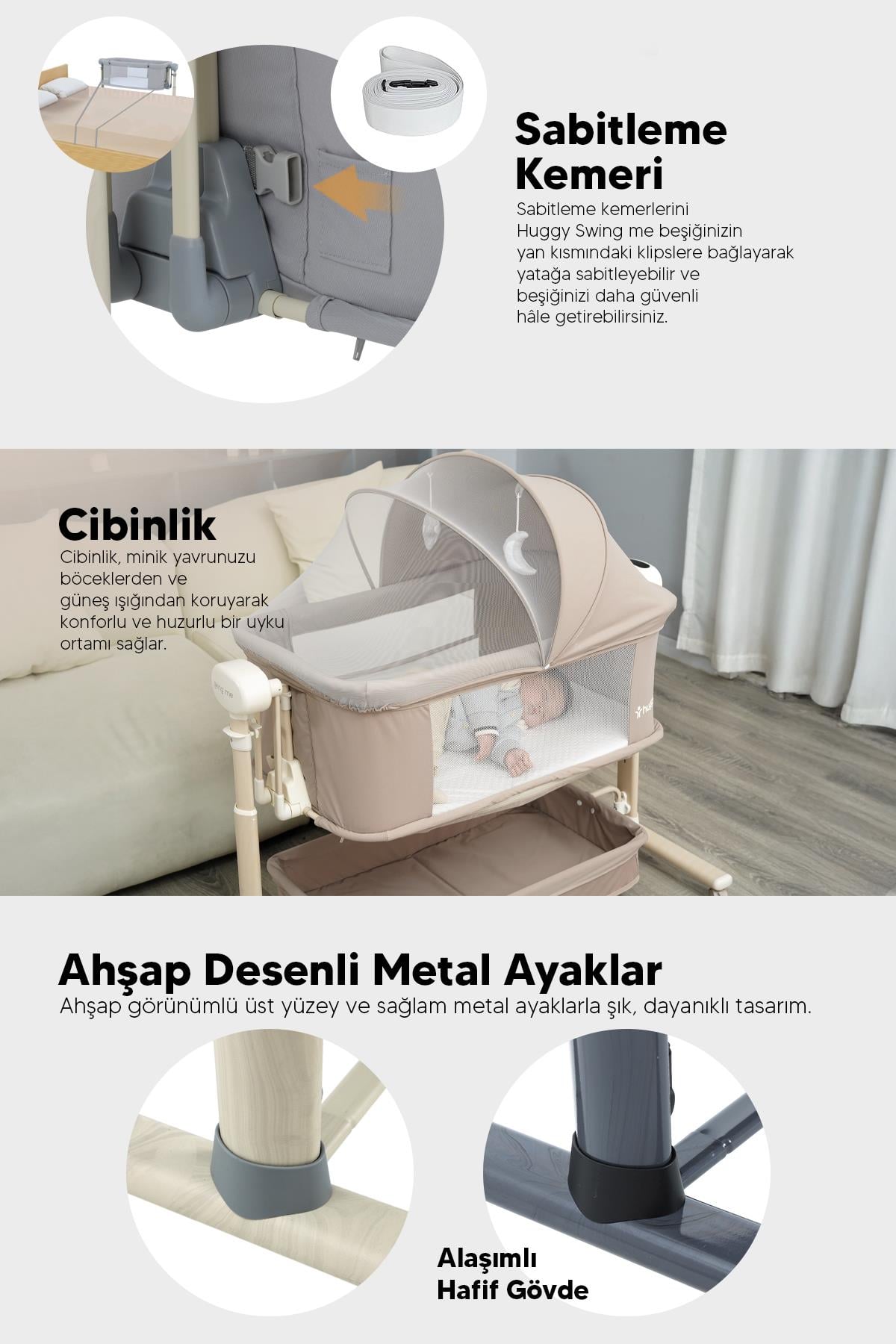 Huggy Swing Me Otomatik Sallanabilir Katlanabilir Alüminyum Anne Yanı Beşik