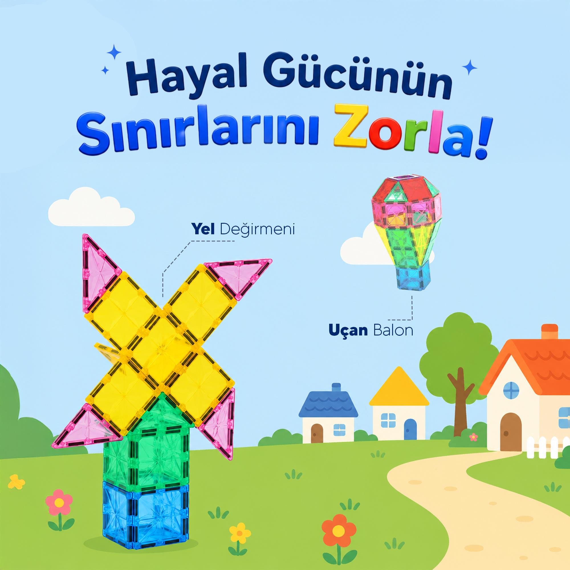 Manyetik Puzzle 104 Parça Yapı Blokları + 2 Araba