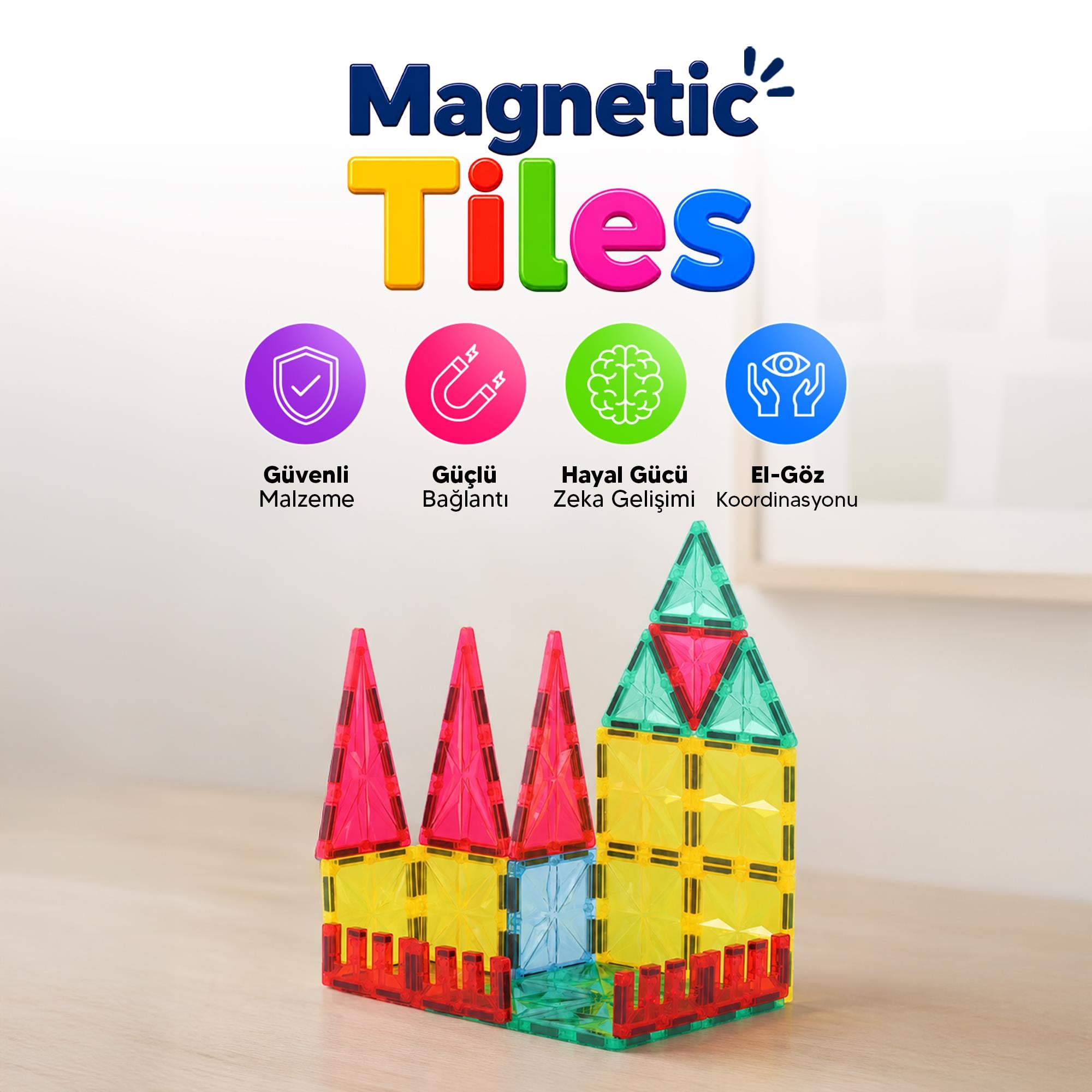 Manyetik Puzzle 104 Parça Yapı Blokları + 2 Araba