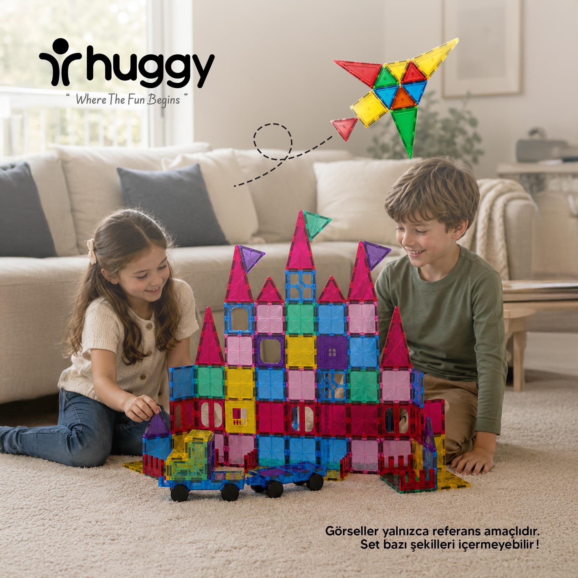 Manyetik Puzzle 104 Parça Yapı Blokları + 2 Araba