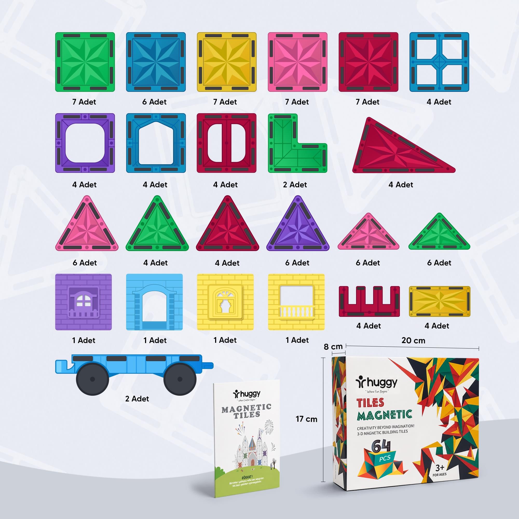 Manyetik Puzzle 104 Parça Yapı Blokları + 2 Araba