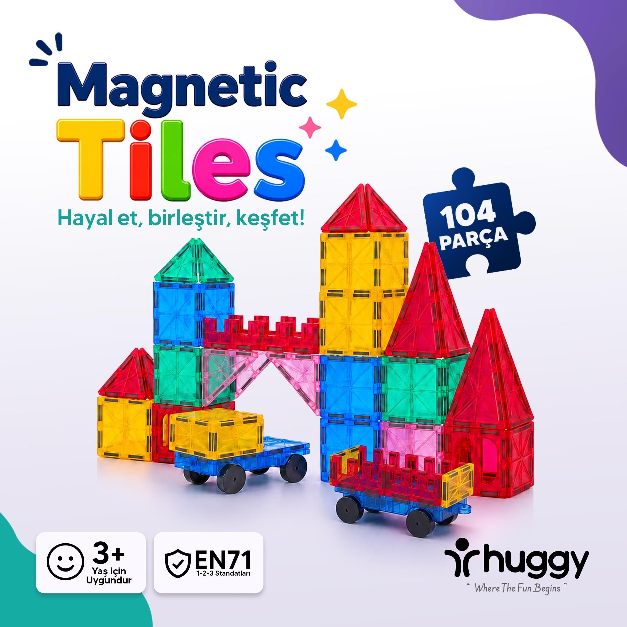 Manyetik Puzzle 104 Parça Yapı Blokları + 2 Araba