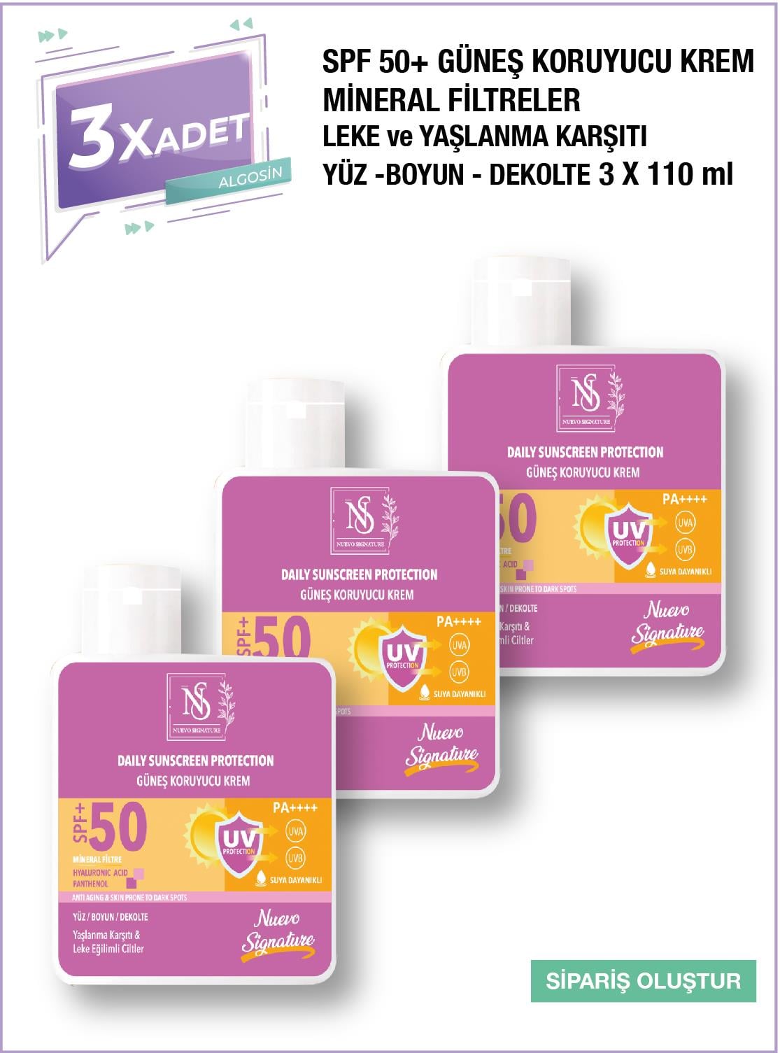 3 Adet Nuevo Signature Spf 50+ Mineral Filtre Yüksek Koruyucu Güneş Kremi 110 Ml Yüz, Boyun, Dekolte