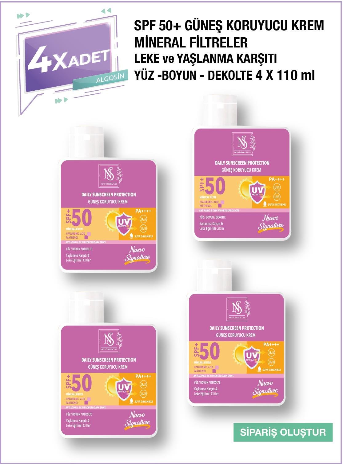 4 Adet Nuevo Signature Spf 50+ Mineral Filtre Yüksek Koruyucu Güneş Kremi 110 Ml Yüz, Boyun, Dekolte