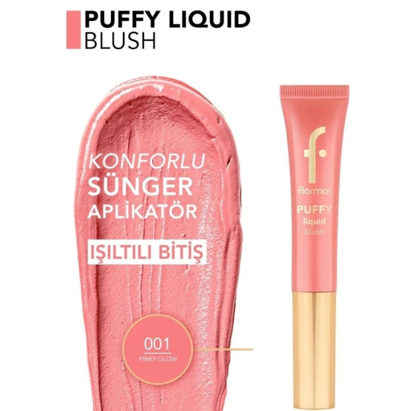 Flormar Puffy Liquid Nemlendirici Etkili & Parlak Bitişli Sünger Aplikatörlü Likit Allık - 001 Pinky