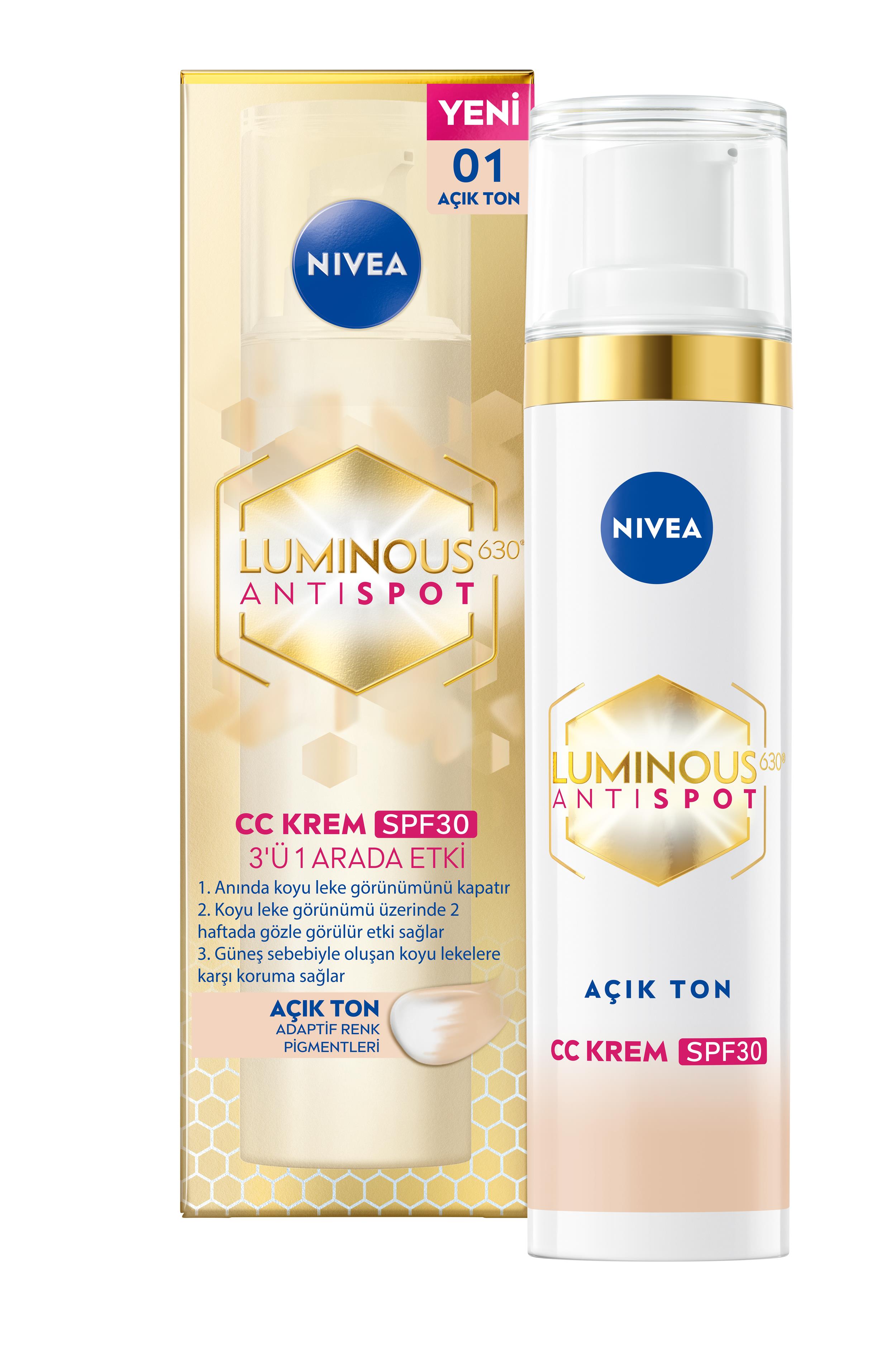 NIVEA FACE - Yüz Bakım Kremi - LUMinouS630 - AntiSpot CC Yüz Kremi - SpF30 Güneş Koruma Faktörü - 3 ü Bir Arada Kapatıcı - Leke Azaltıcı - Güneş Koruyucu  - Fluid Light/Açık Ton - Daha Aydınlık Bir Cilt - 40 ML