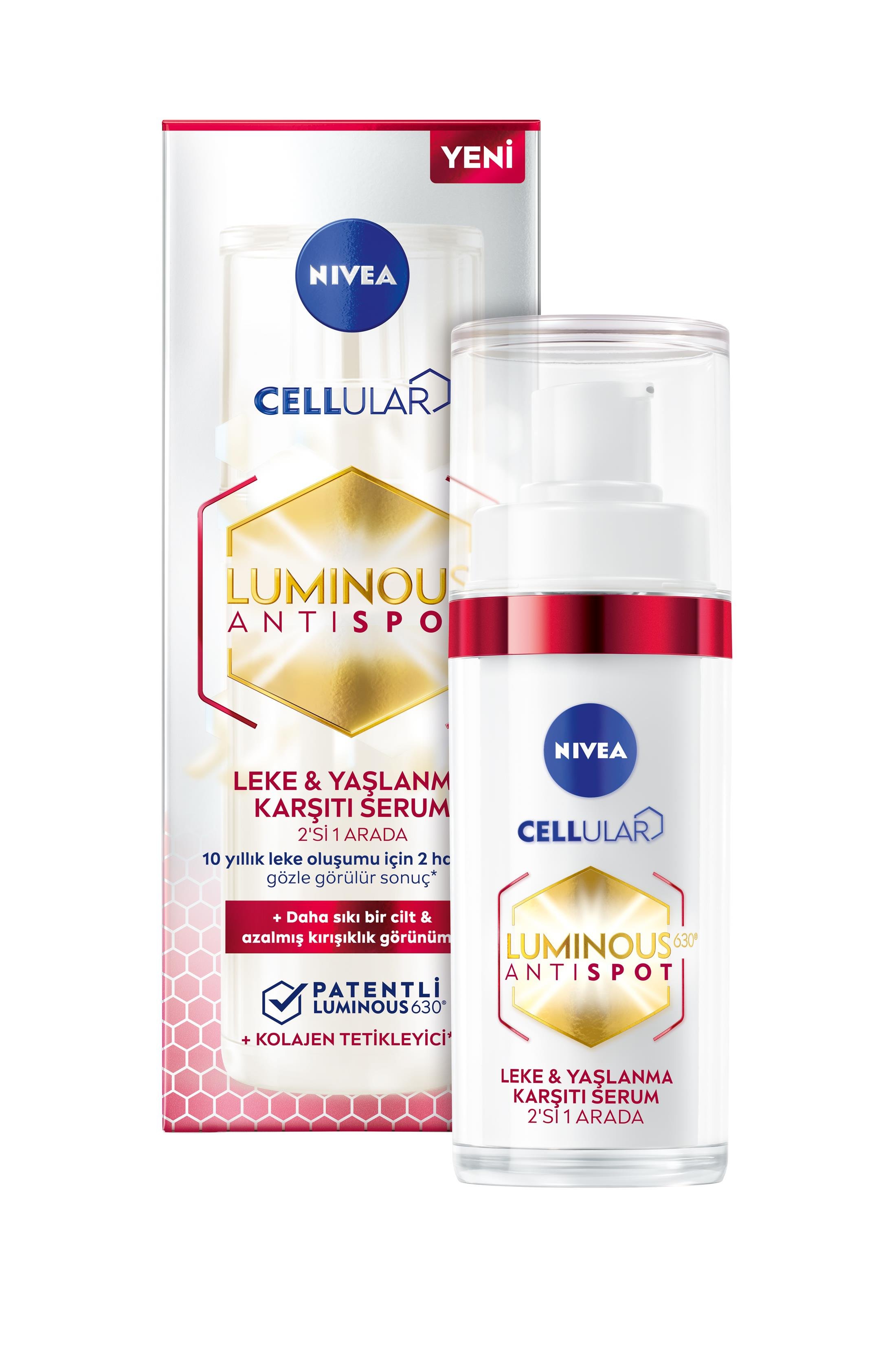 NIVEA FACE  -Yüz Bakım Serumu - LUMinouS630 CeLLulaR AntiSpot 2 IN1  Leke ve Yaşlanma Karşıtı Serum -  Hyaluronik Asit İçerikli Patentli Kolajen Tetikleyici - Sıkılaştırıcı Formül 30 ML