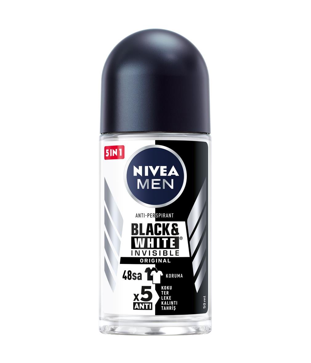 NIVEA Men - Erkek Deodorant - Black & White Invisible Original Roll On Deodorant 50 ML - Ter Kokusuna Karşı 72 Saate Kadar Süren Koruma, Lekesiz Dokunuş