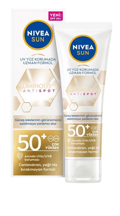 NIVEA SUN - Güneş Koruyucu - LUMinouS630 AntiSpot Leke Karşıtı Yüz Güneş Kremi - Hyaluronik Asit ve E Vitaminli Formülü İle Besleyici Etki - Güneş Koruma Faktörü SpF50+;Güneşin Zararlı Işınlarına Karşı  uVa/uVb Filtresi -40 ML