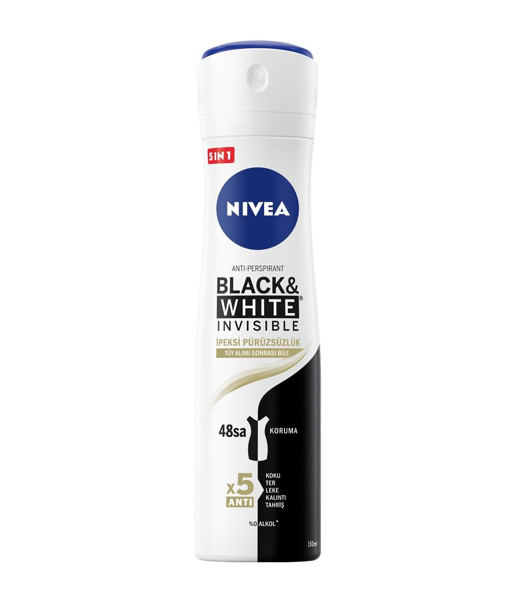NIVEA Women - Kadın Deodorant - Black & White Invisible İpeksi Pürüzsüzlük Kadın Sprey Deodorant 150 ML - Hızlı Kuruma ve Ter Kokusuna Karşı 48 Saate Kadar Etkin Performans
