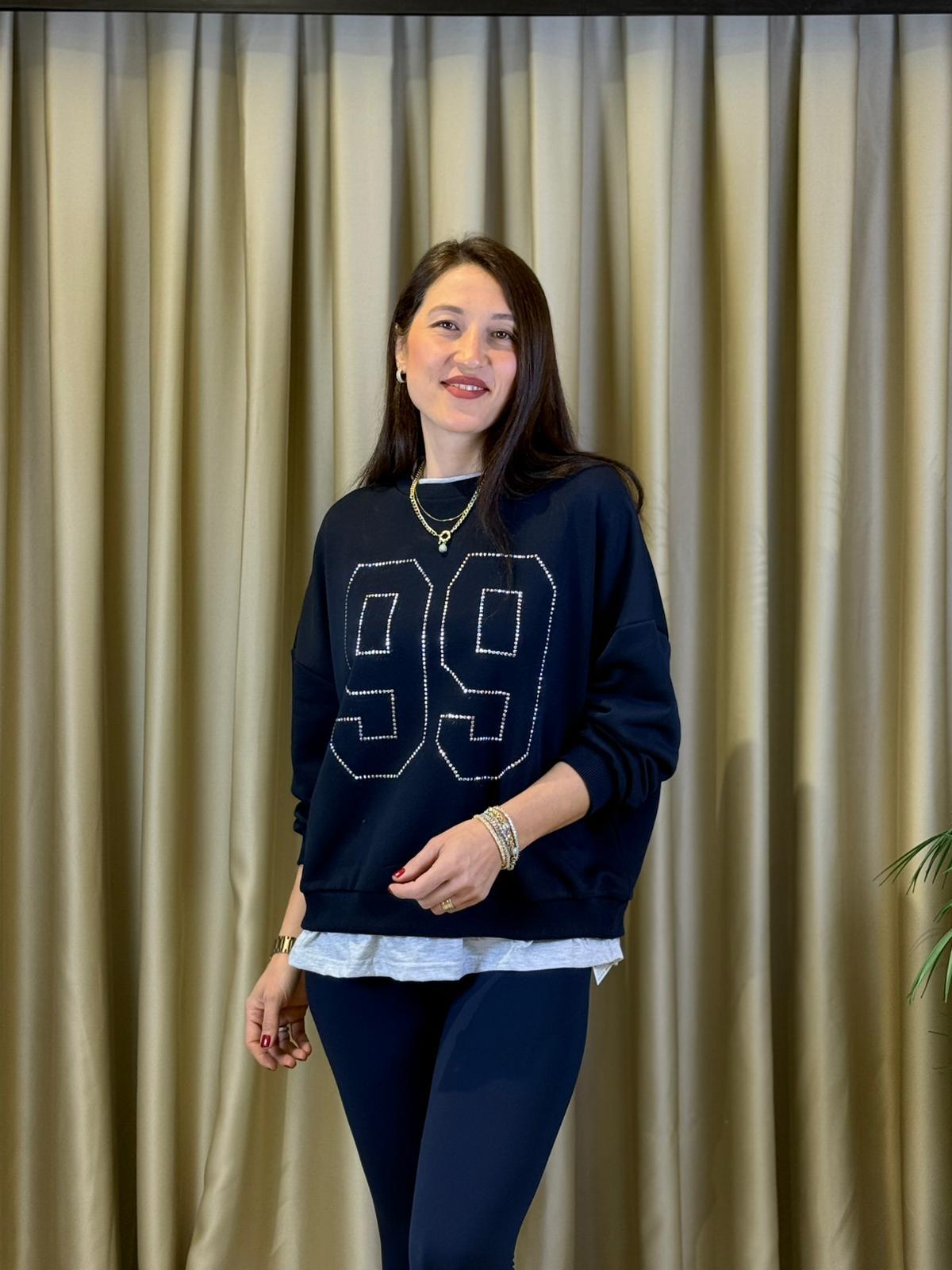 ÖNÜ 99 TAŞ BASKILI LACİVERT KADIN SWEATSHIRT
