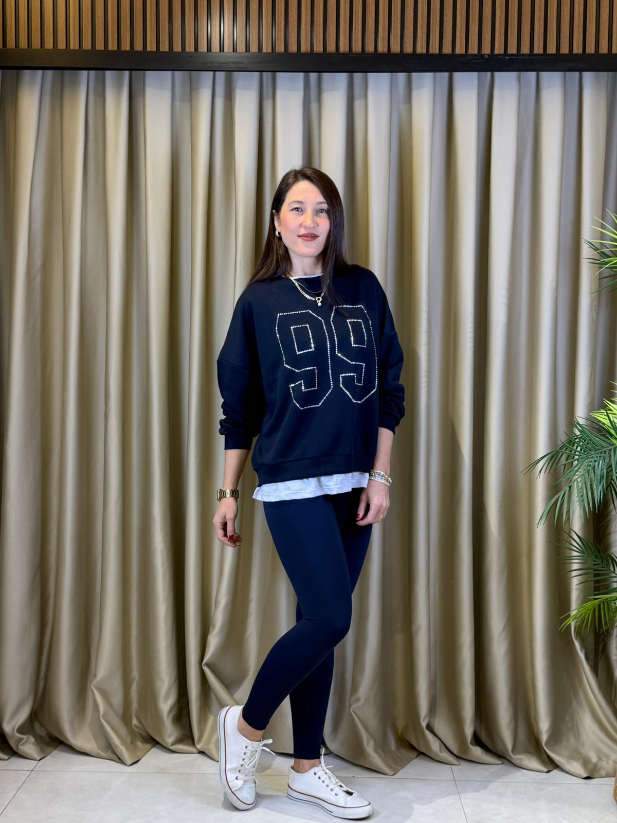 ÖNÜ 99 TAŞ BASKILI LACİVERT KADIN SWEATSHIRT
