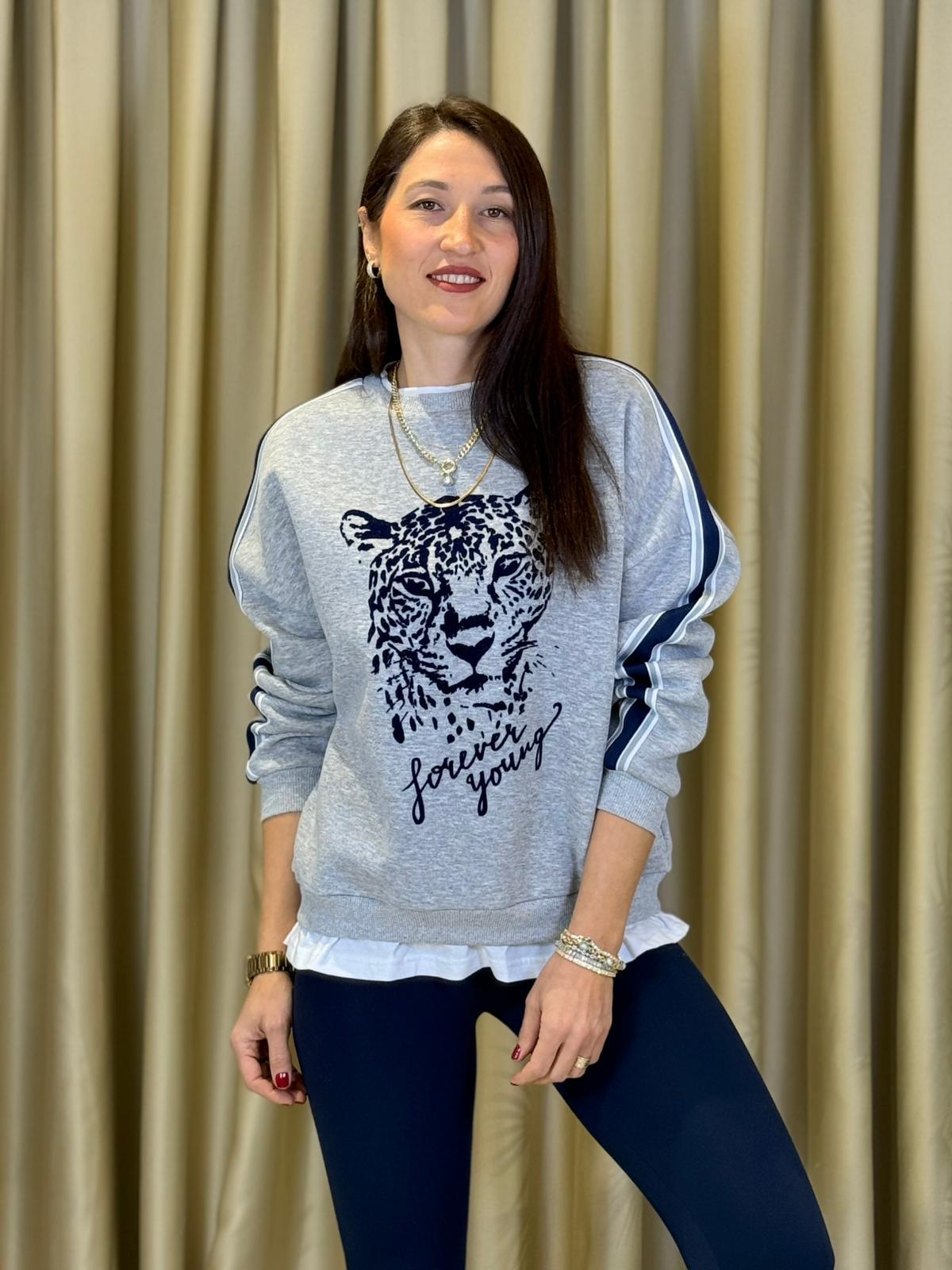 ÖNÜ LEOPAR BASKILI GRİ KADIN SWETSHIRT