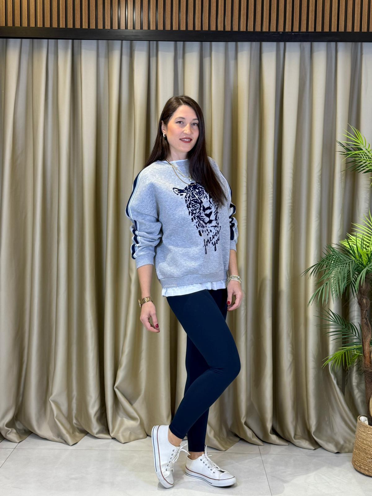 ÖNÜ LEOPAR BASKILI GRİ KADIN SWETSHIRT