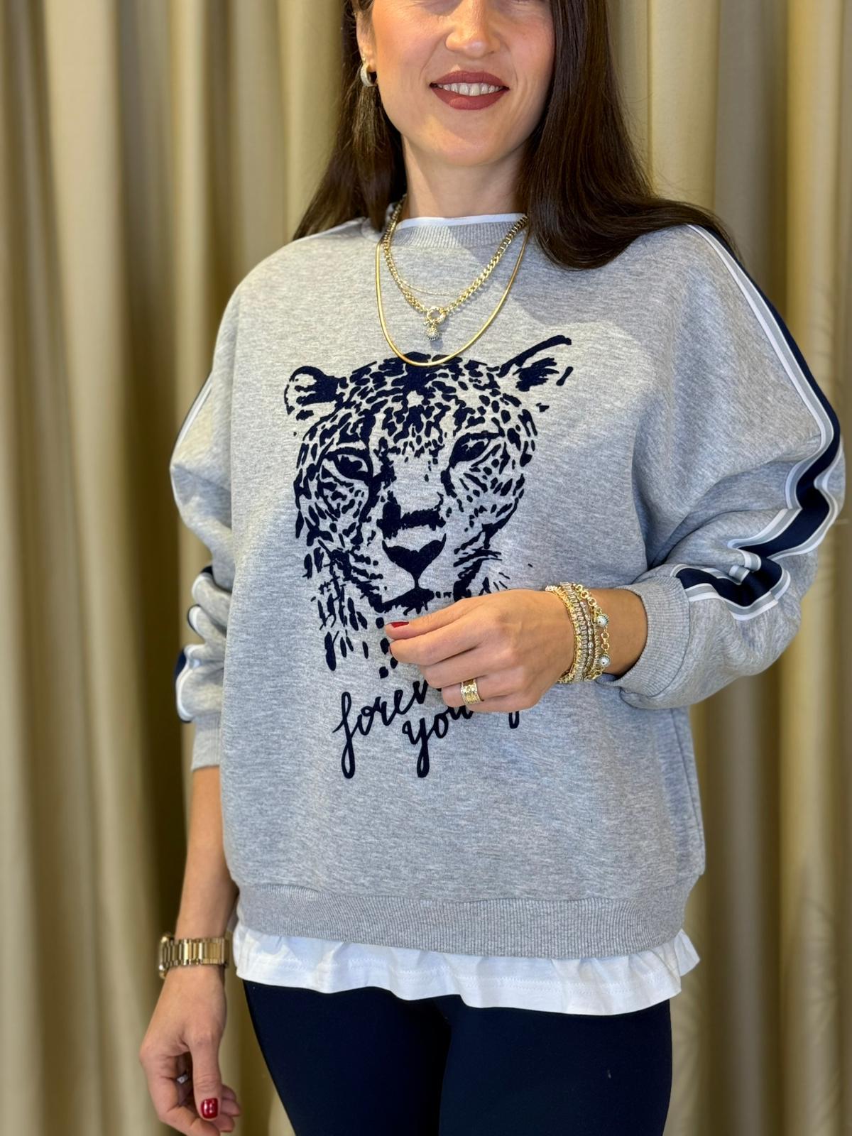 ÖNÜ LEOPAR BASKILI GRİ KADIN SWETSHIRT