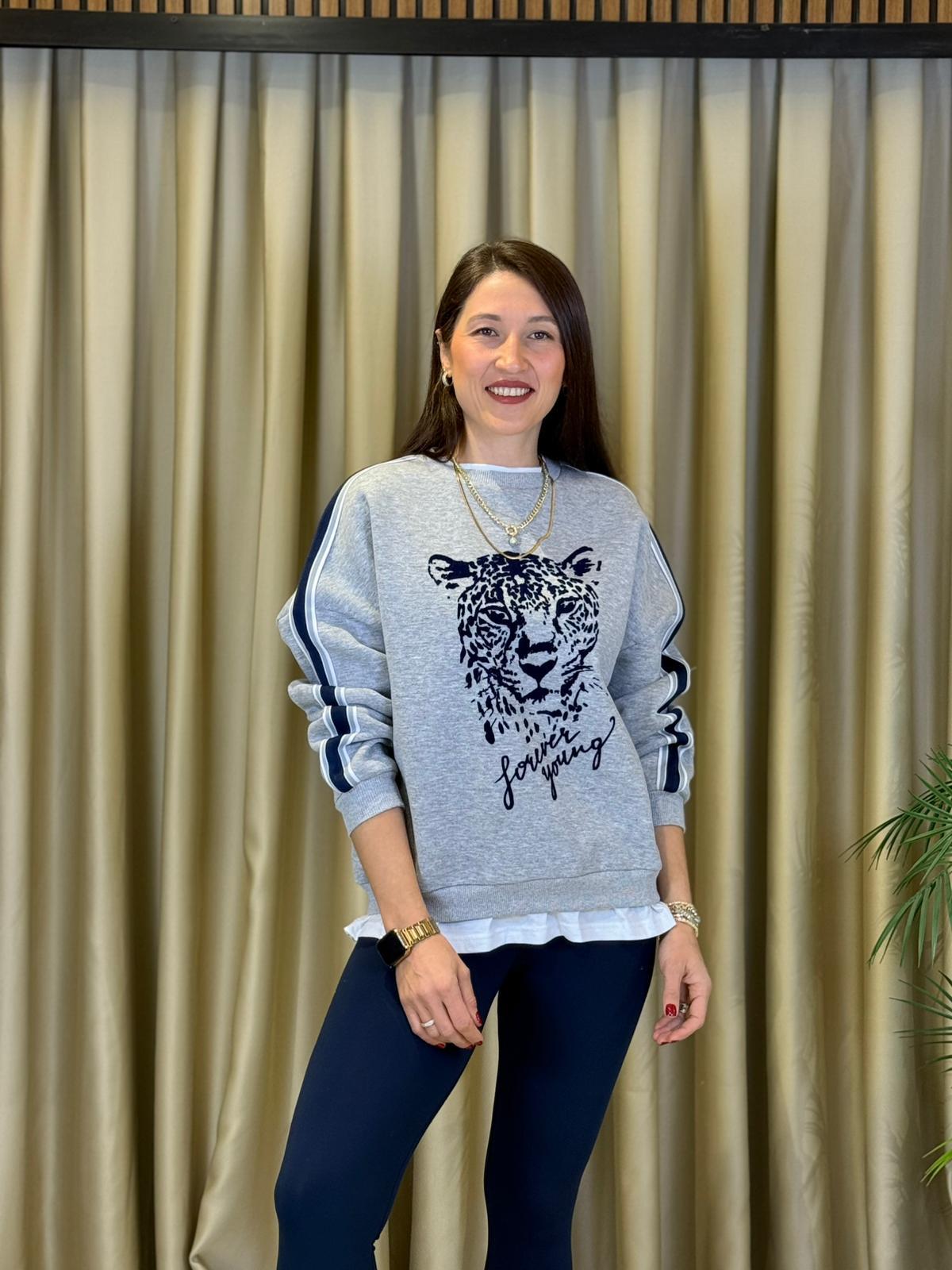 ÖNÜ LEOPAR BASKILI GRİ KADIN SWETSHIRT